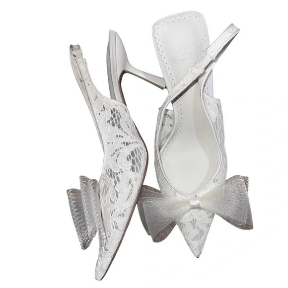 ASOS DESIGN Sunrise Bow Slingback Mid Heel Shoes – Size 11 Ivory Lace - Picture 2 of 16